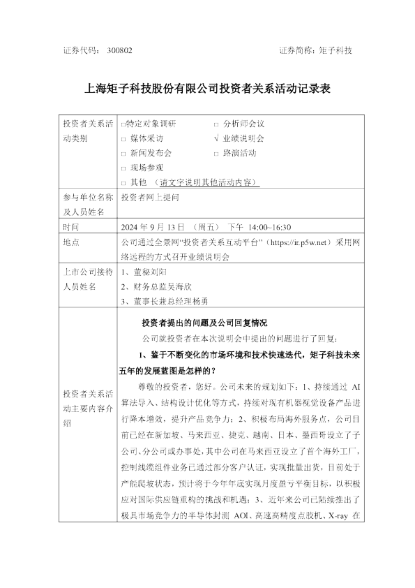 矩子科技投资者关系管理信息