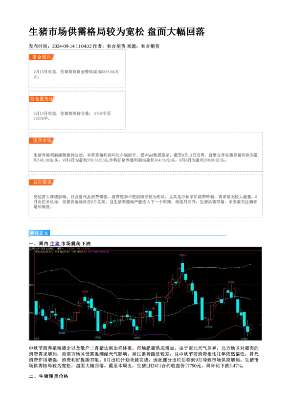 生猪市场供需格局较为宽松 盘面大幅回落