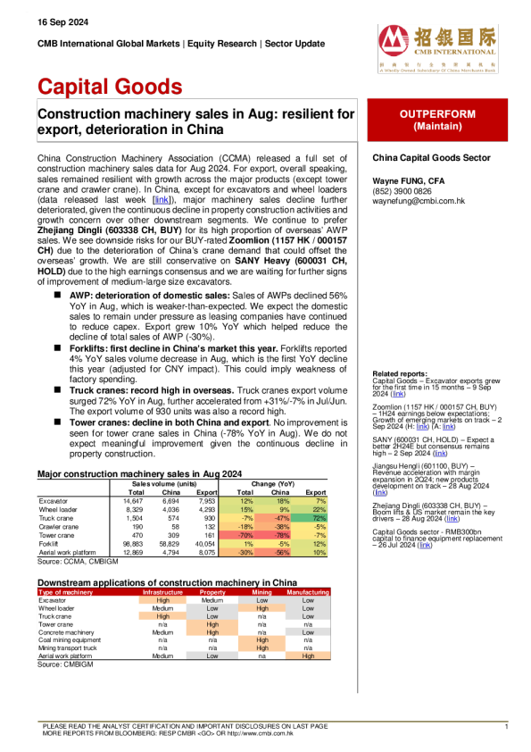 资本货物 ： 8 月工程机械销售 ： 出口弹性 ， 中国恶化