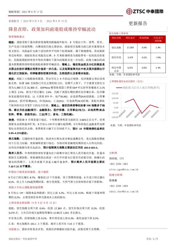 降息在即，政策加码前港股或维持窄幅波动