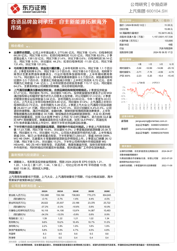 合资品牌盈利承压，自主新能源拓展海外市场