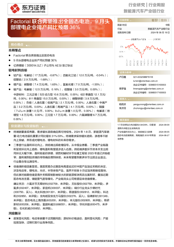 Factorial联合奔驰推出全固态电池，9月头部锂电企业排产同比预增36%