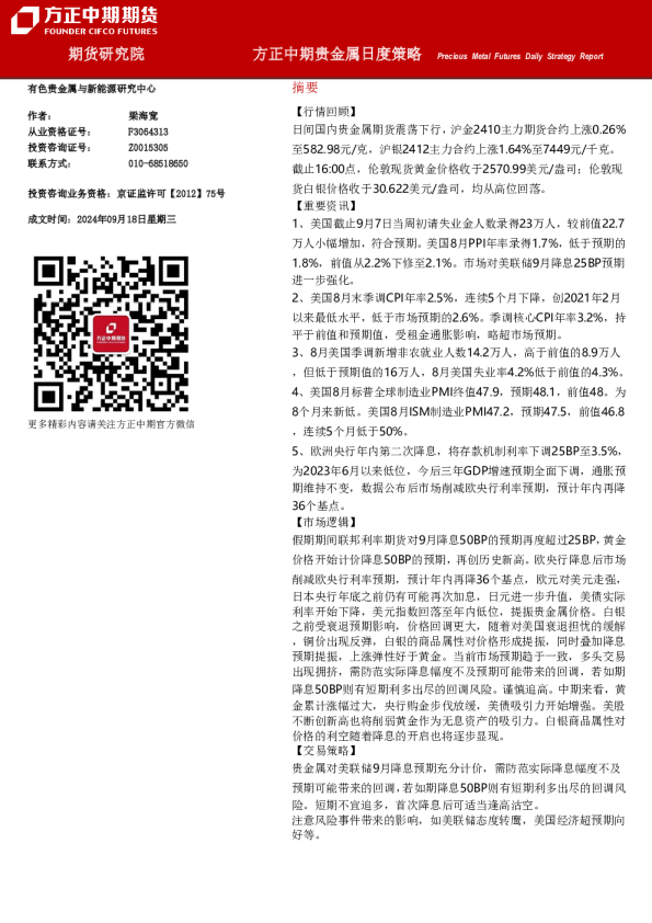 方正中期贵金属日度策略