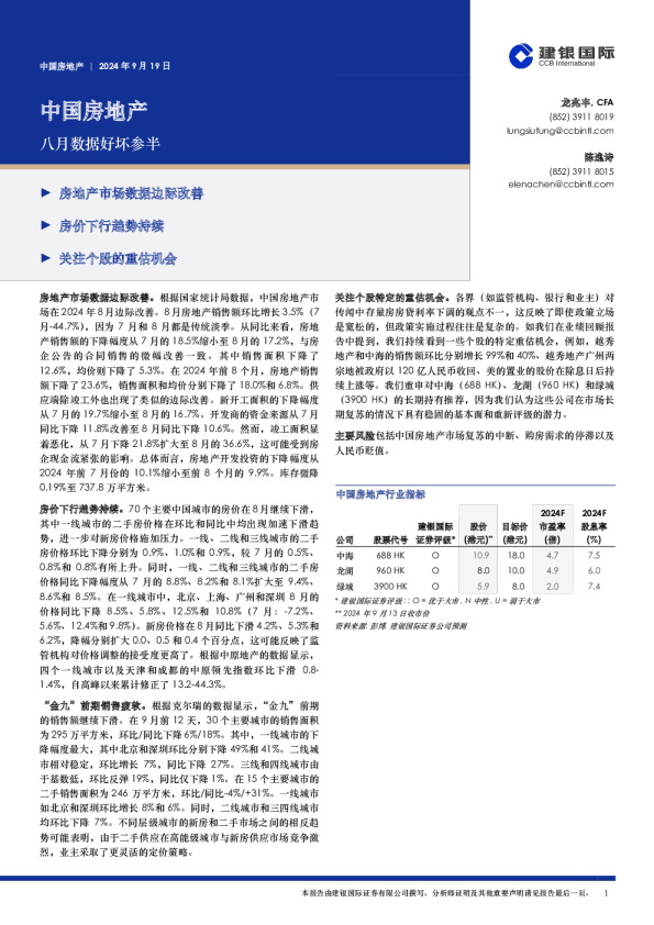 中国房地产：八月数据好坏参半
