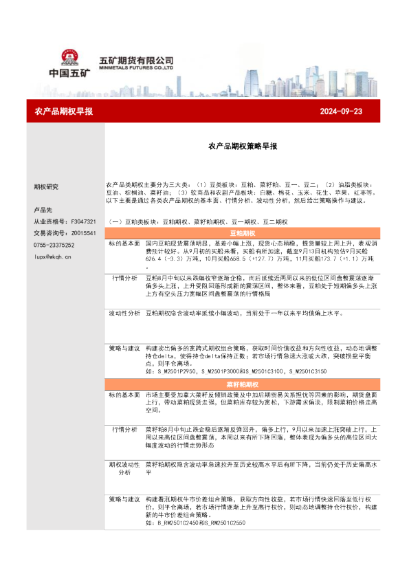 农产品期权策略早报