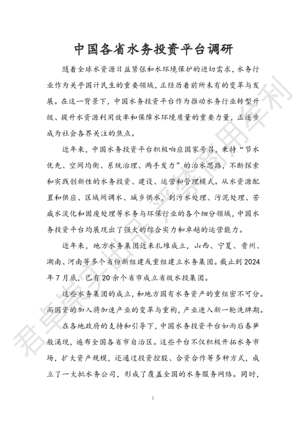2024中国各省水务投资平台研究报告