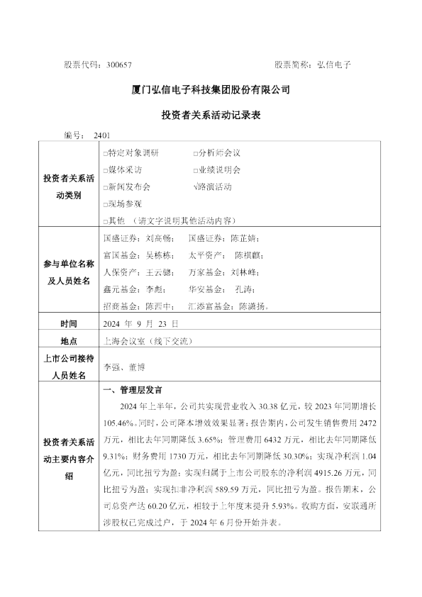弘信电子投资者关系管理信息
