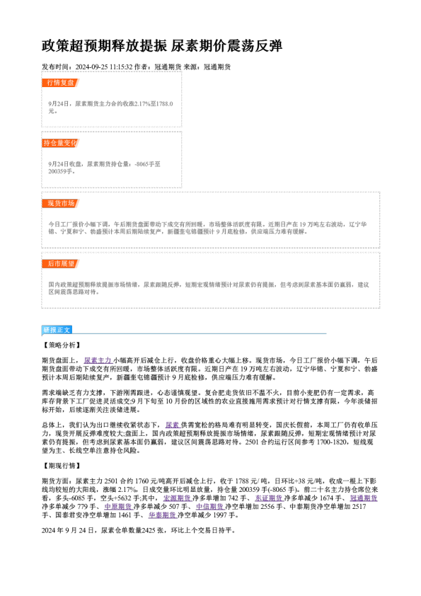 政策超预期释放提振 尿素期价震荡反弹
