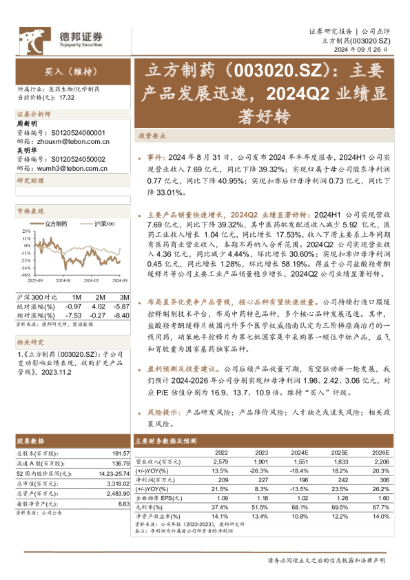 主要产品发展迅速，2024Q2业绩显著好转