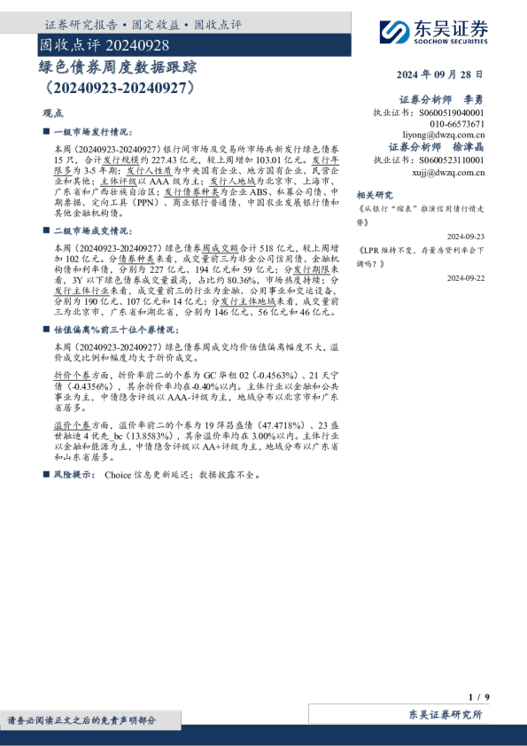 绿色债券周度数据跟踪