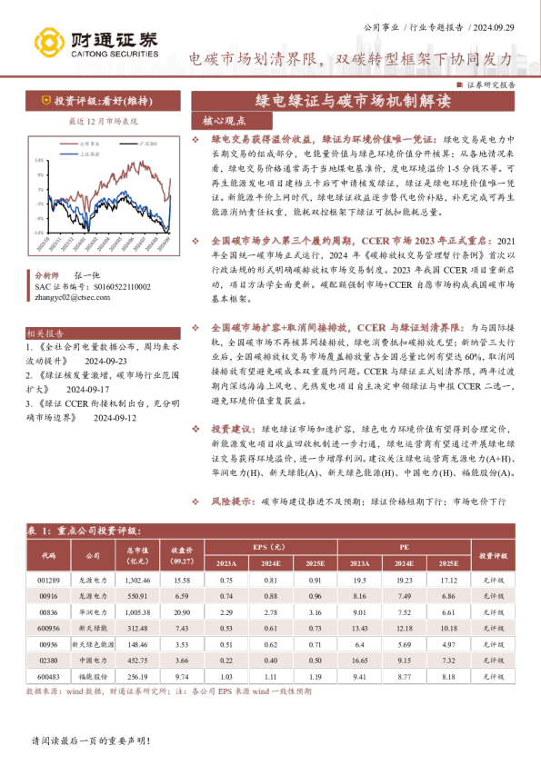 公用事业行业专题：电碳市场划清界限，双碳转型框架下协同发力