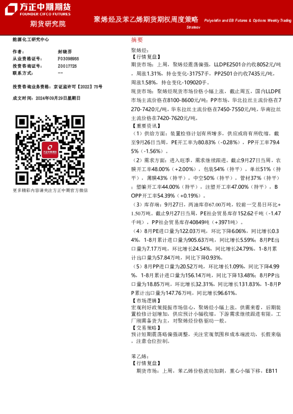 聚烯烃及苯乙烯期货期权周度策略