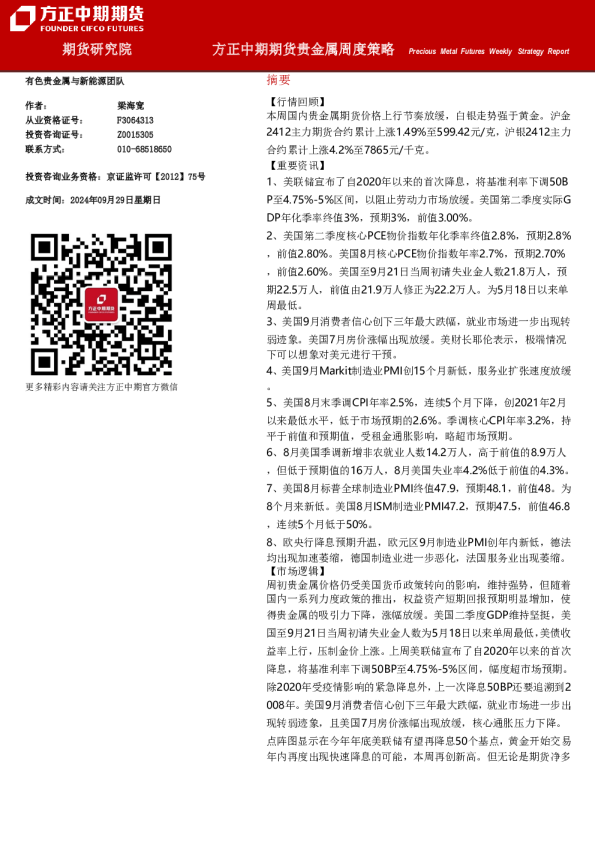 方正中期期货贵金属周度策略
