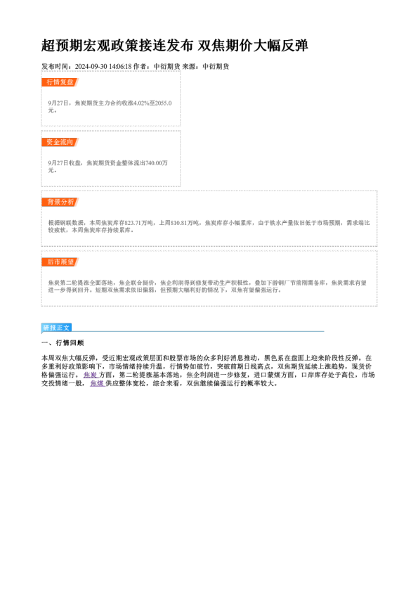 超预期宏观政策接连发布 双焦期价大幅反弹