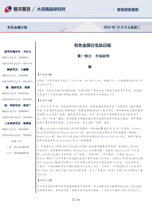 有色金属衍生品日报