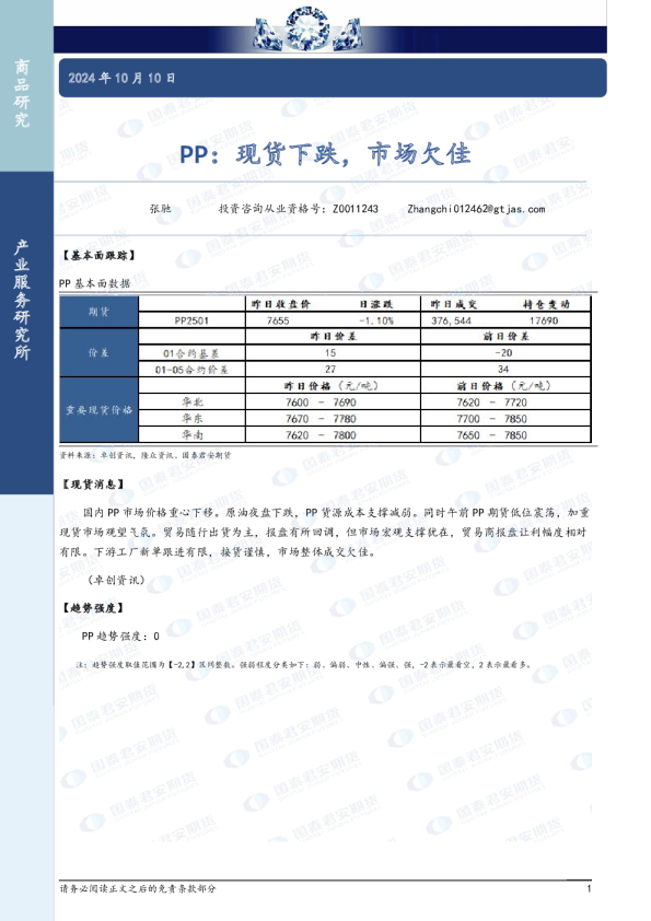 PP：现货下跌，市场欠佳