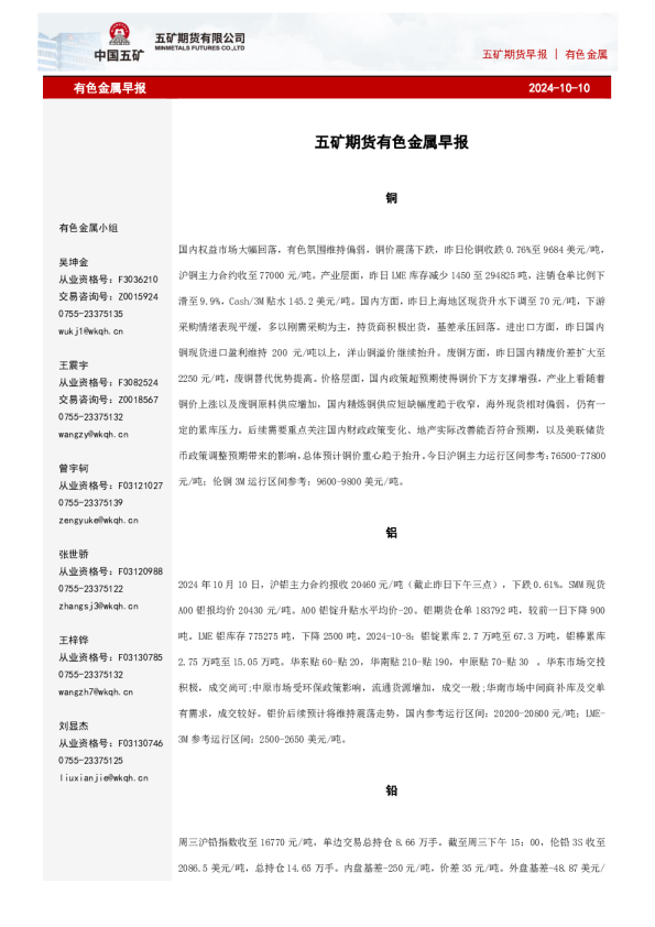 有色金属早报
