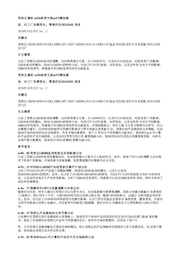 英伟达调研nvl36取消全换nvl72情况解读代工厂份额变化零部件价20241010