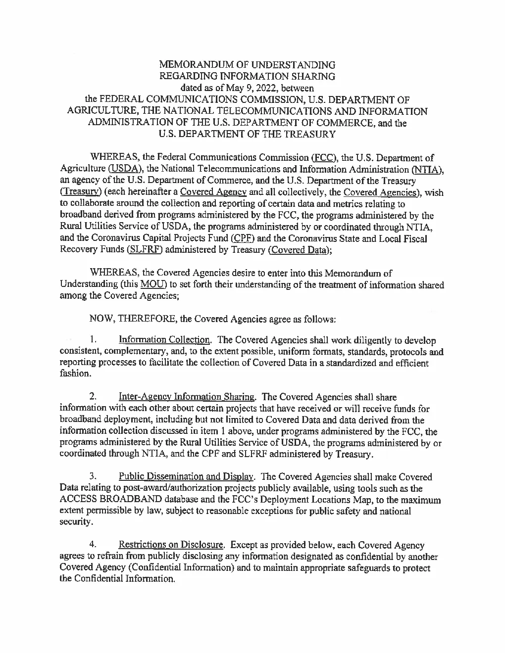 美国联邦通信委员会美国农业部与财政部之间的谅解备忘录