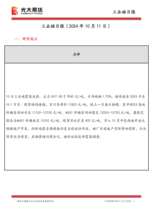 工业硅日报