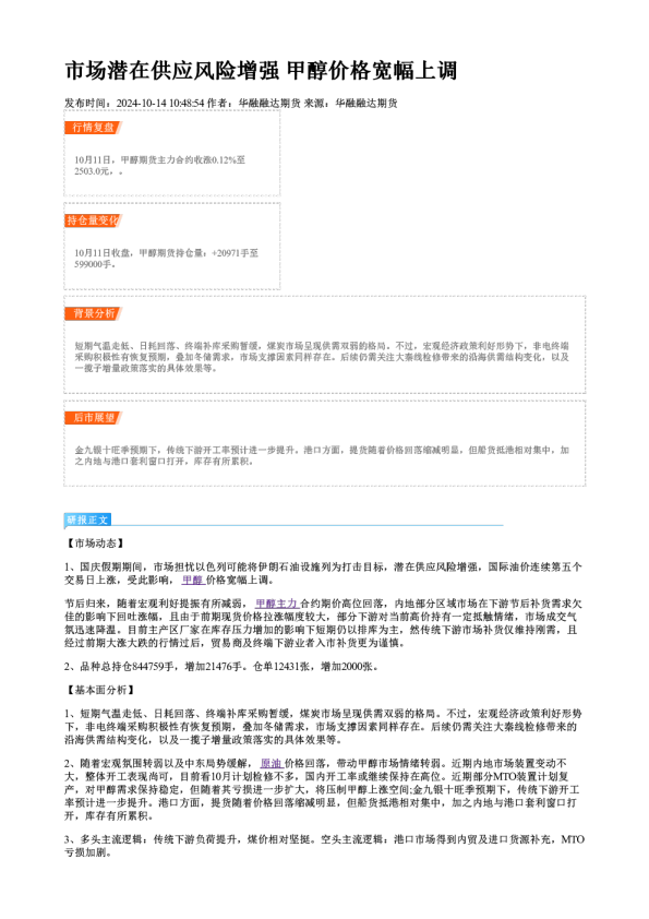 市场潜在供应风险增强 甲醇价格宽幅上调