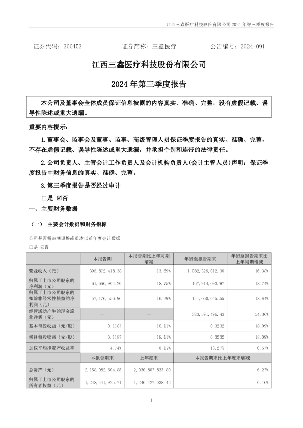 三鑫医疗：2024年三季度报告