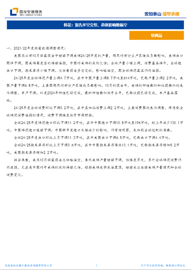 棉花：报告多空交织，总体影响略偏空
