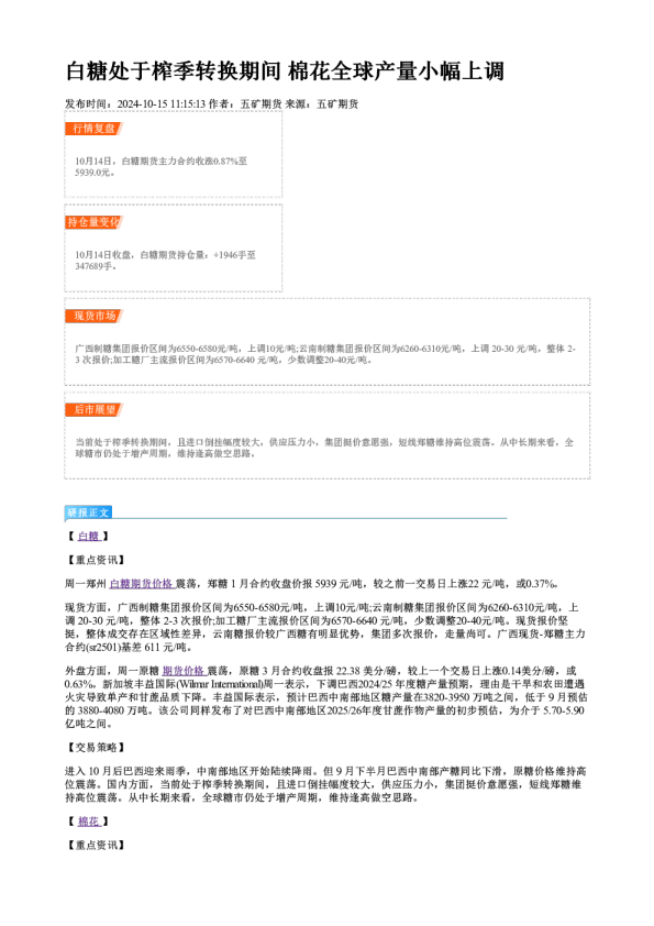 白糖处于榨季转换期间 棉花全球产量小幅上调