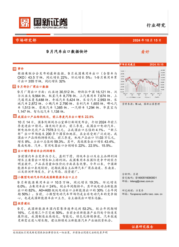 9月汽车出口数据快评