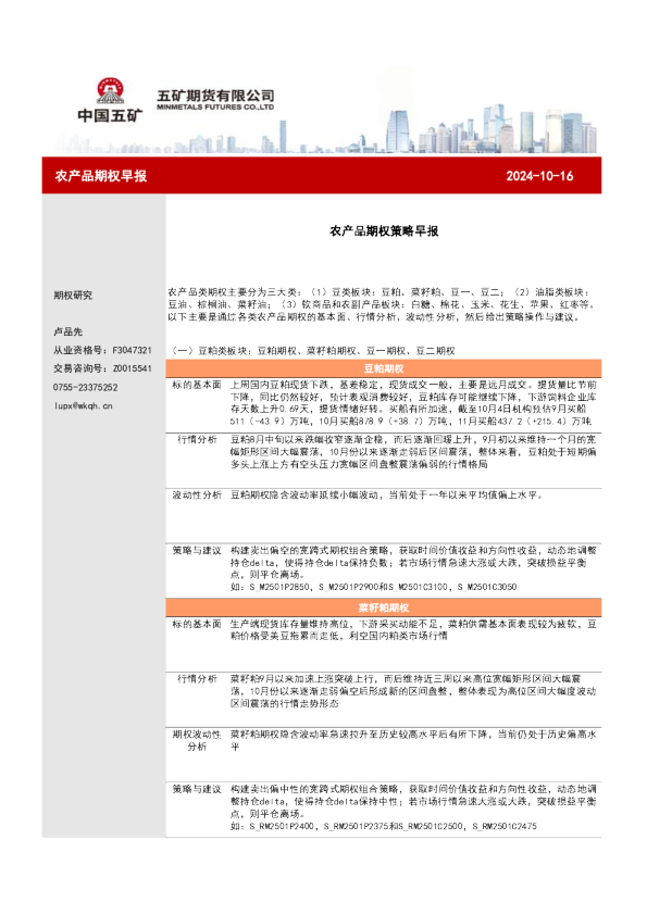 农产品期权策略早报