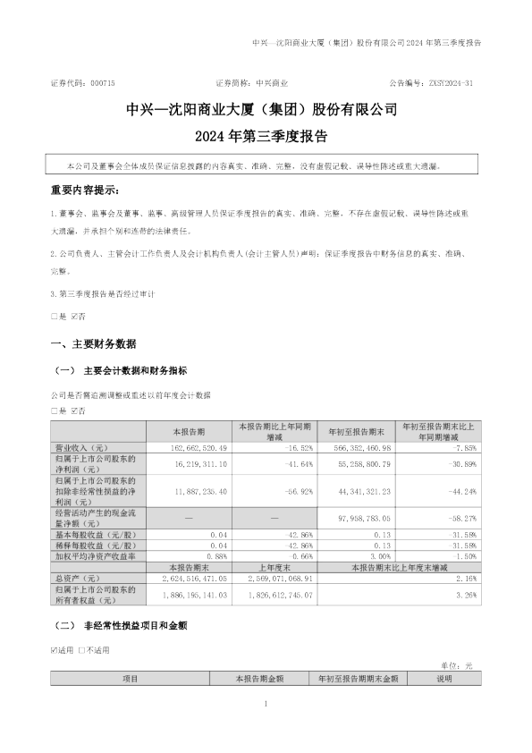 中兴商业:2024年三季度报告