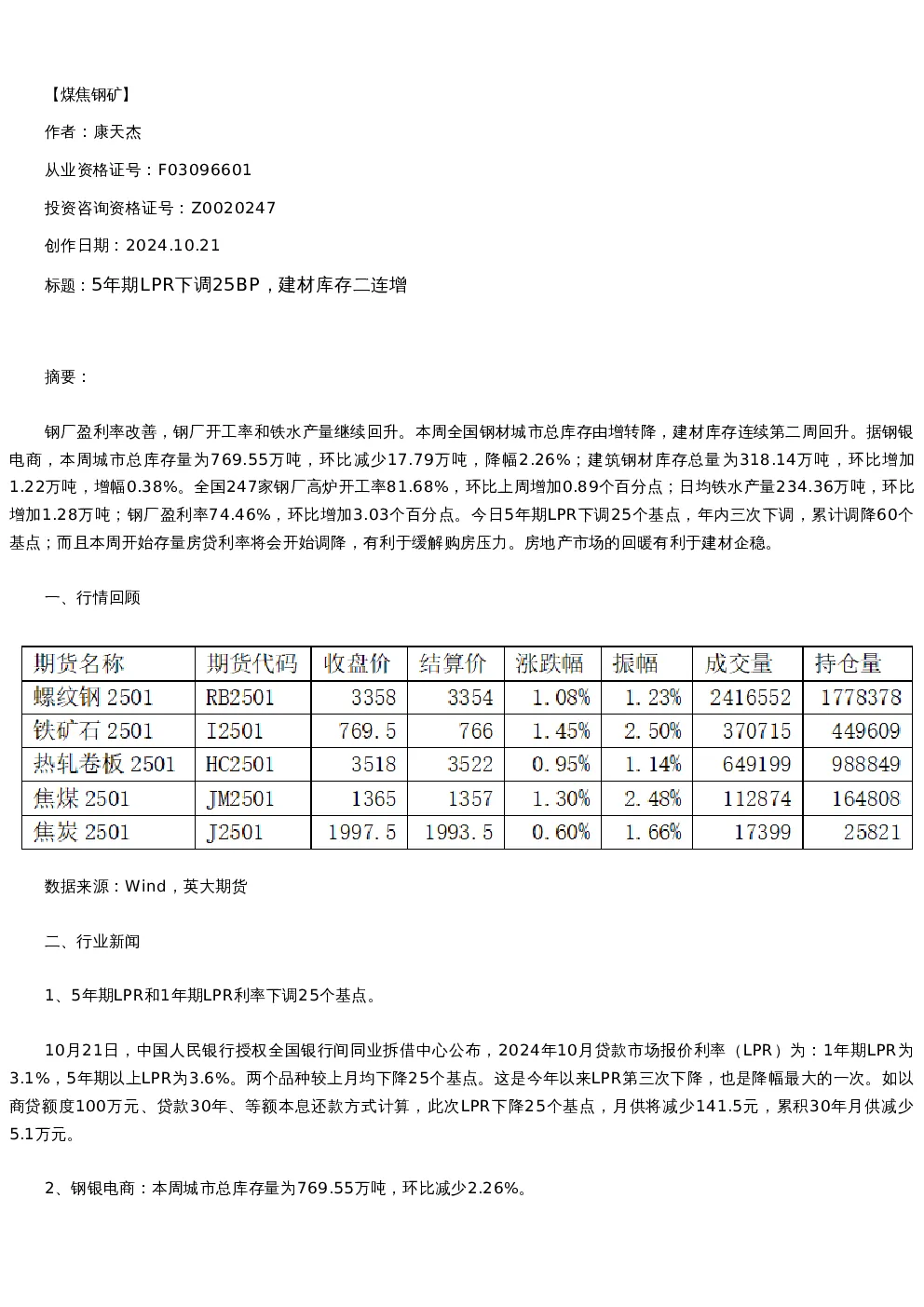 【螺纹铁矿】日报-2024-10-21