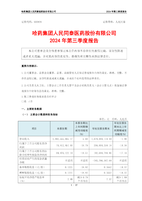 人民同泰：2024年第三季度报告