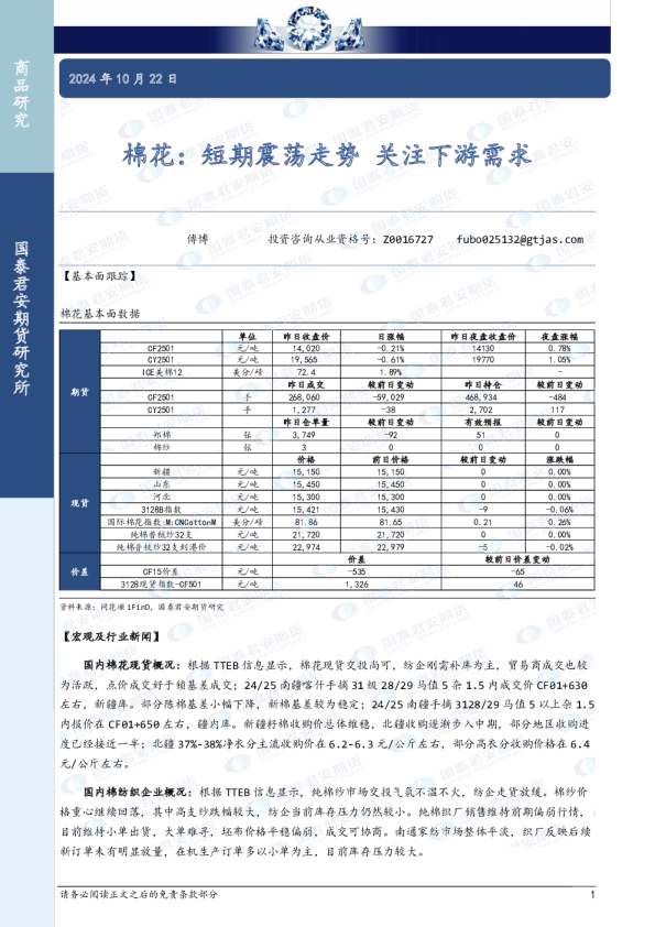棉花：短期震荡走势，关注下游需求