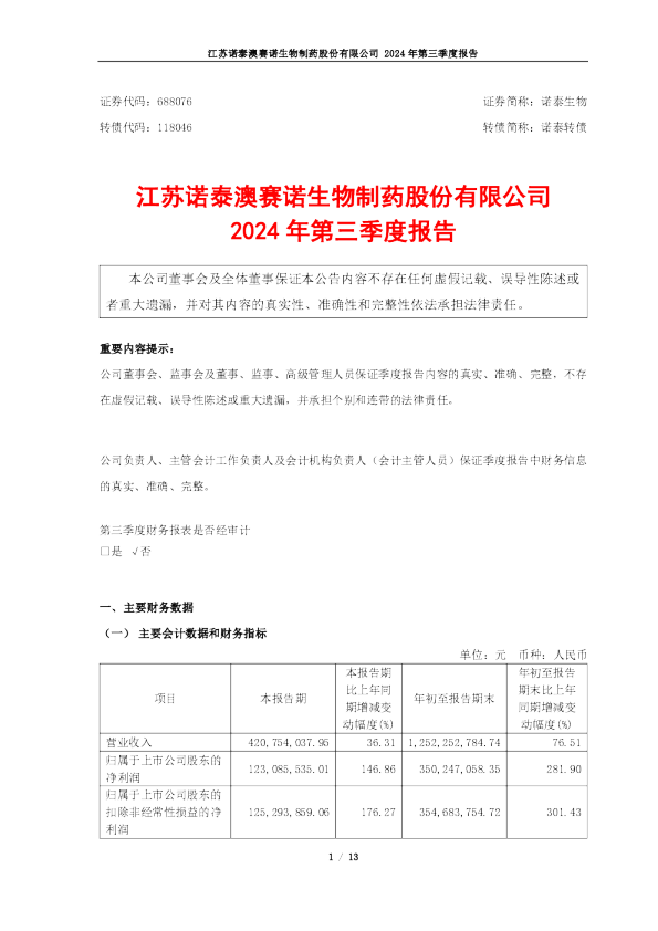 诺泰生物:诺泰生物:2024年第三季度报告