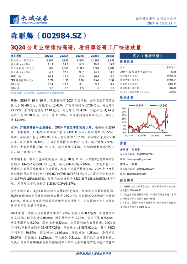 3Q24公司业绩维持高增,看好摩洛哥工厂快速放量