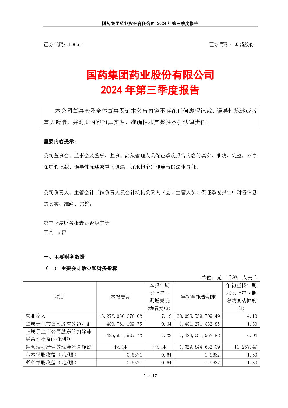 国药股份：国药股份2024年第三季度报告