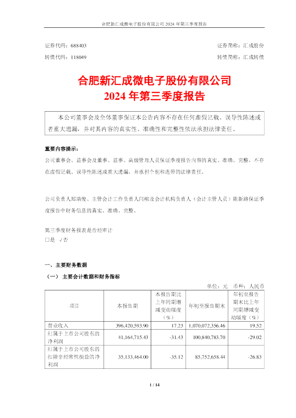 汇成股份： 2024年第三季度报告