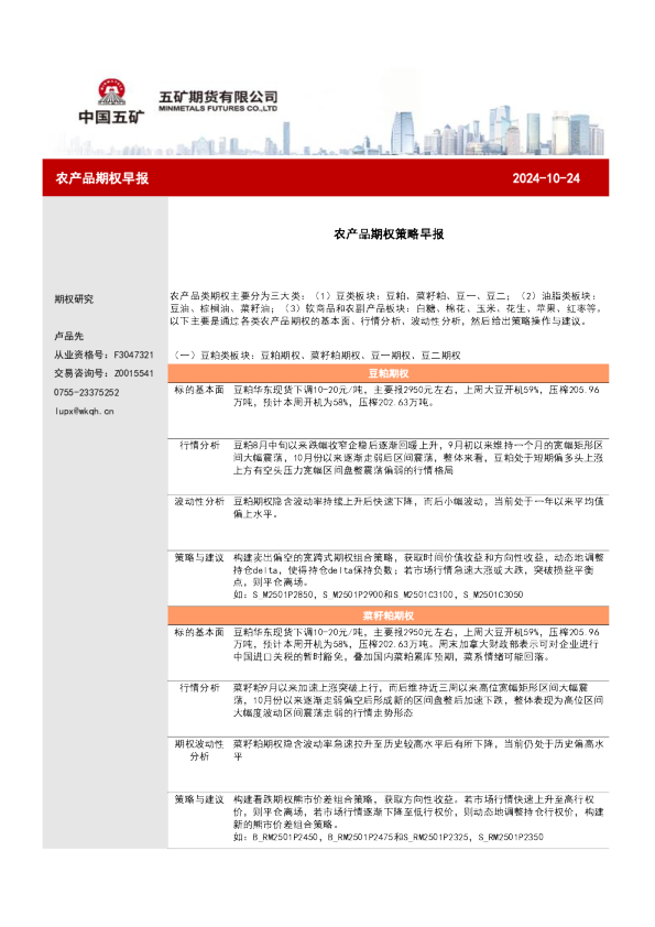 农产品期权策略早报