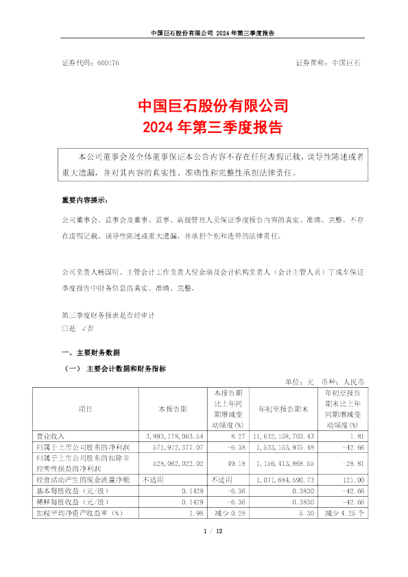 中国巨石：中国巨石2024年第三季度报告