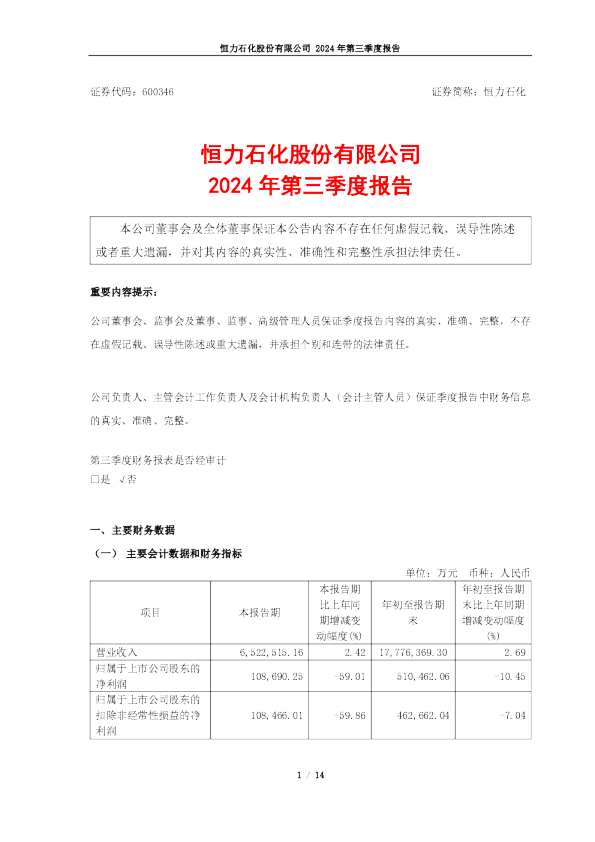 恒力石化:恒力石化股份有限公司2024年第三季度报告