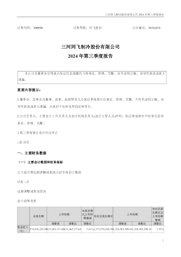 同飞股份:2024年三季度报告