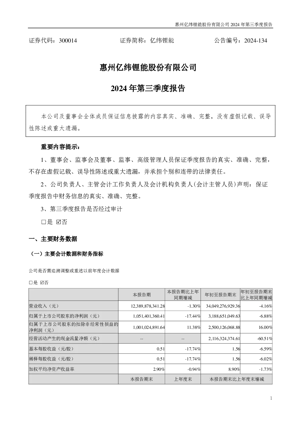 亿纬锂能：2024年三季度报告