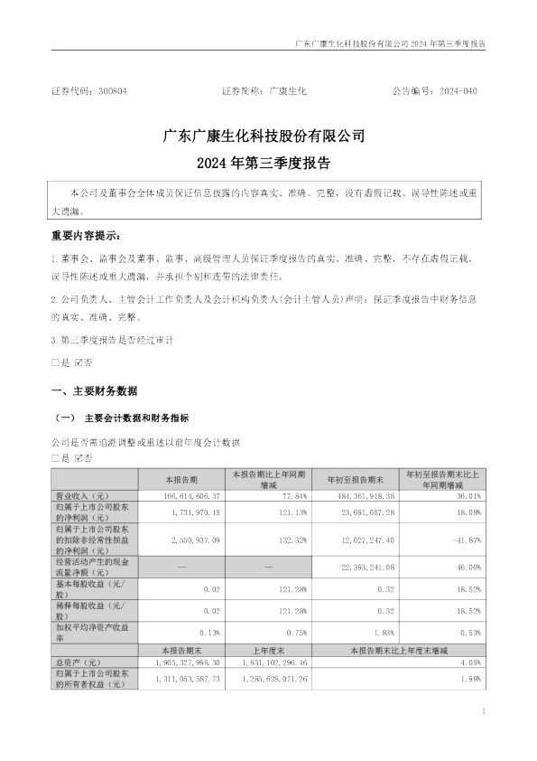 广康生化：2024年三季度报告