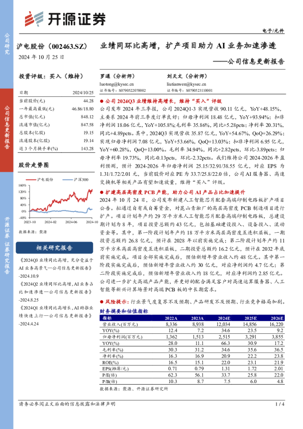 公司信息更新报告：业绩同环比高增，扩产项目助力AI业务加速渗透