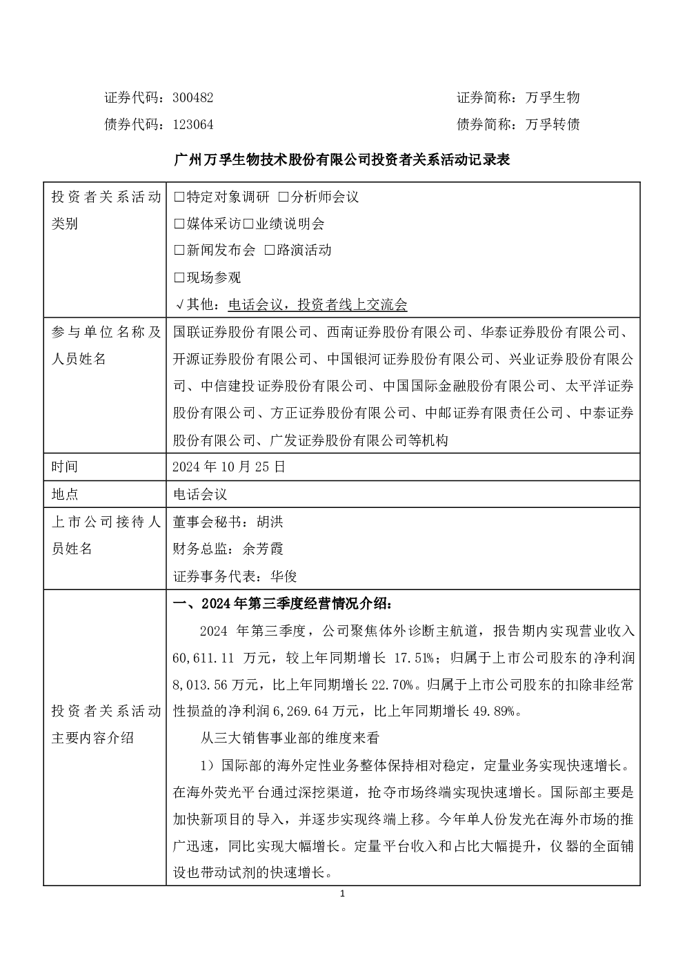 万孚生物投资者关系管理信息