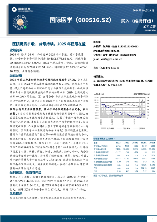 医院提质扩收，减亏持续，2025年扭亏在望