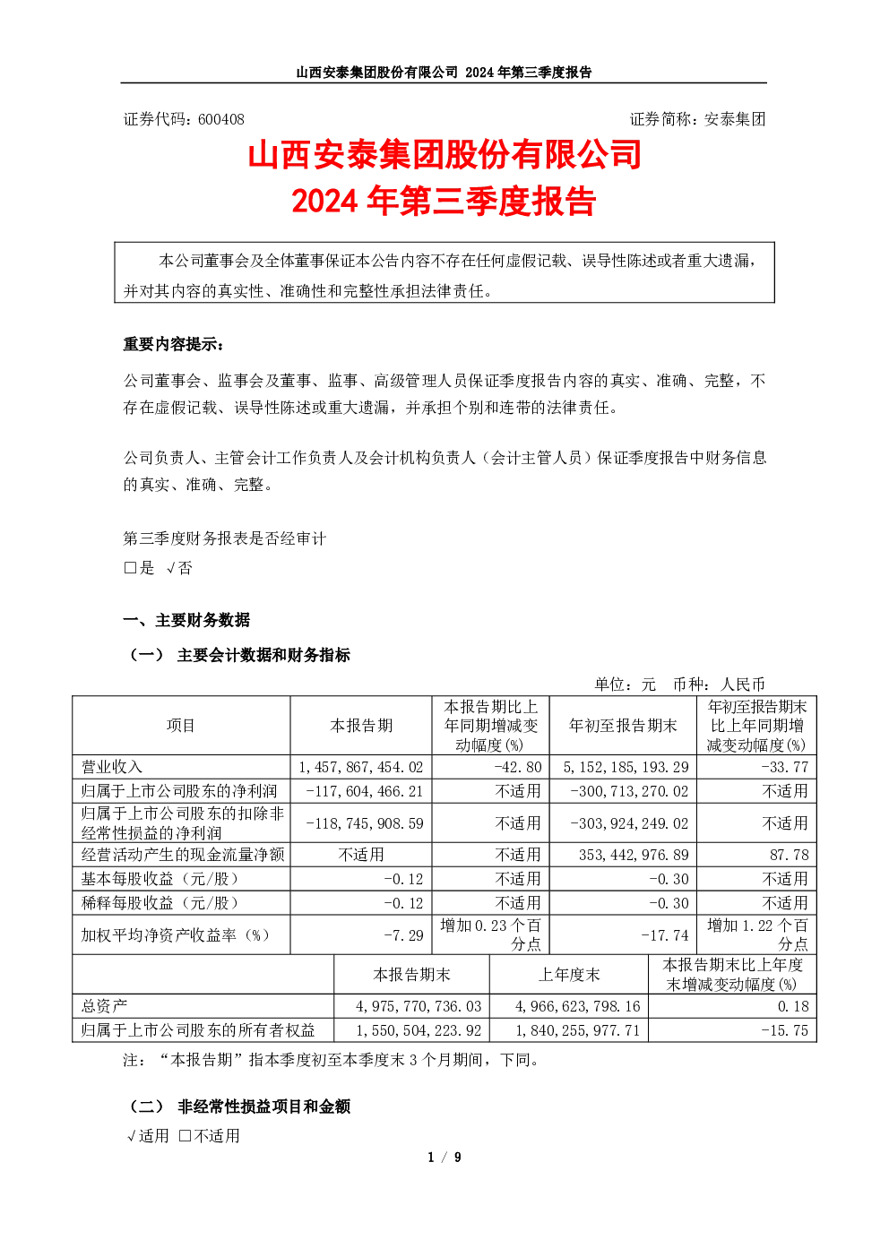 安泰集团：安泰集团2024年第三季度报告