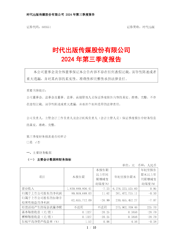 时代出版：时代出版2024年第三季度报告