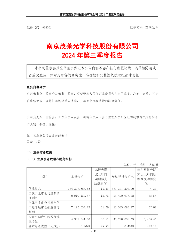 茂莱光学:2024年第三季度报告
